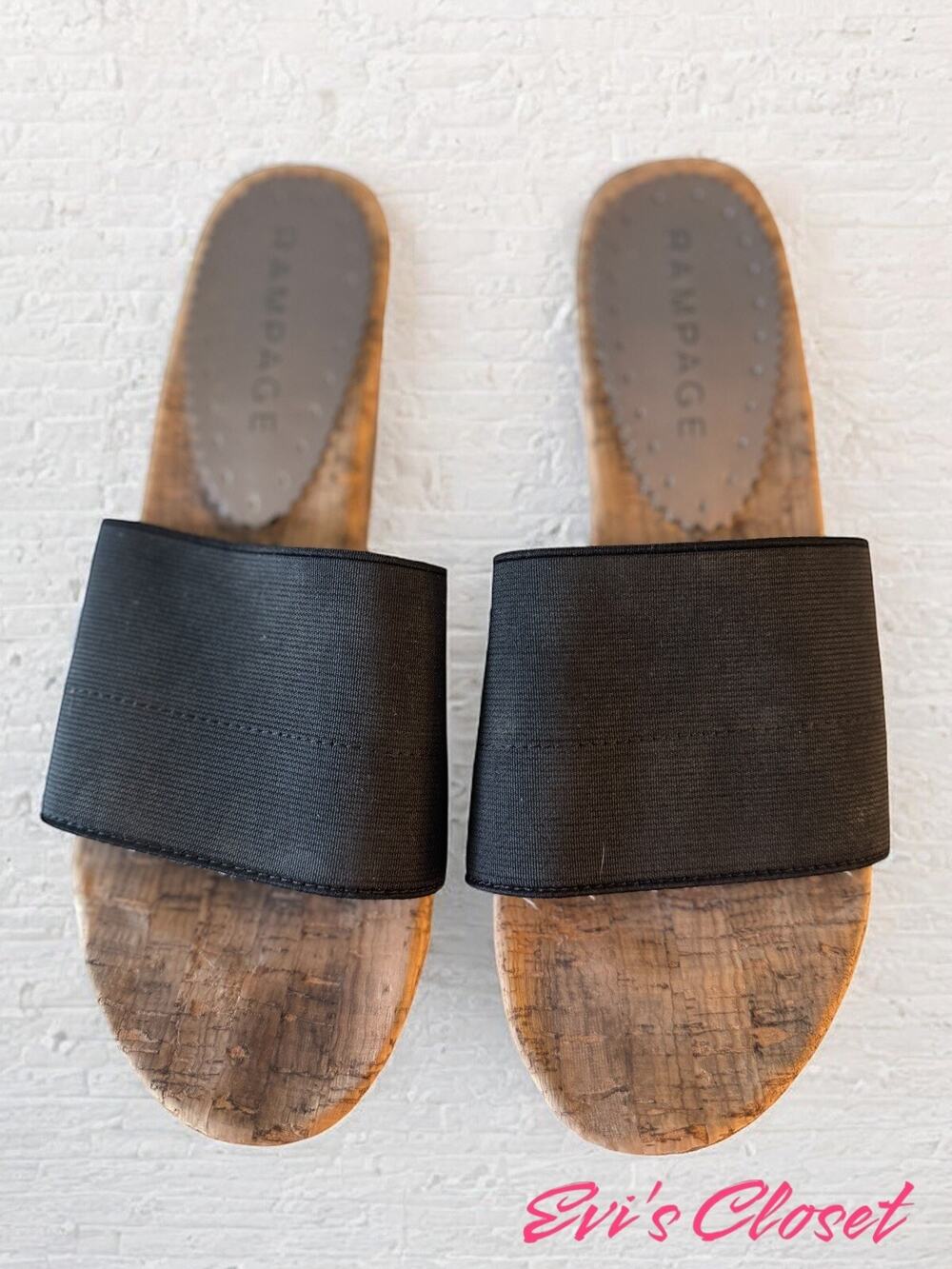 Rampage Women’s Black Cork Wedge Heels Slip On Sandals Size 8 Casual Comfort